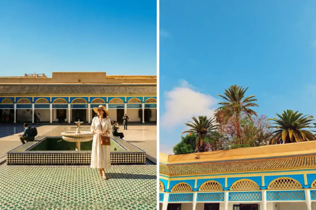 A woman stands in the tiled Grand Court of Bahia Palace, Marrakesh, featuring blue and yellow Moroccan architecture and palm trees under a blue sky.