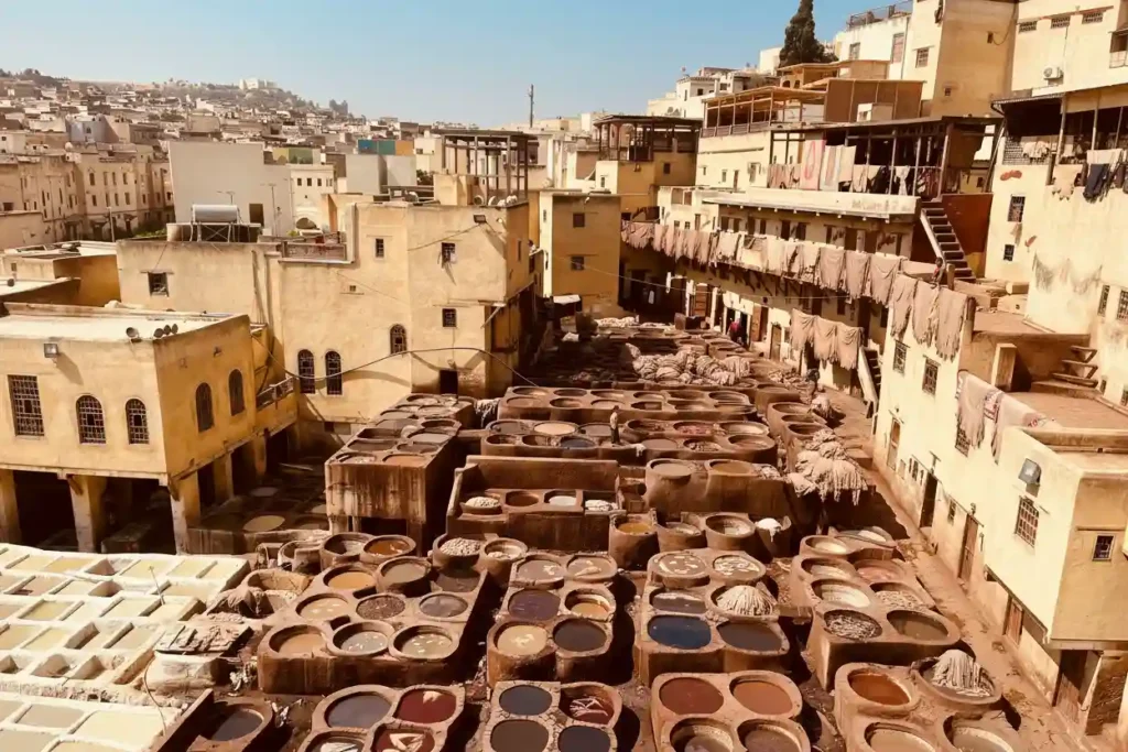 Fes tanneries in Morocco showing traditional leather-making and colorful dye pits