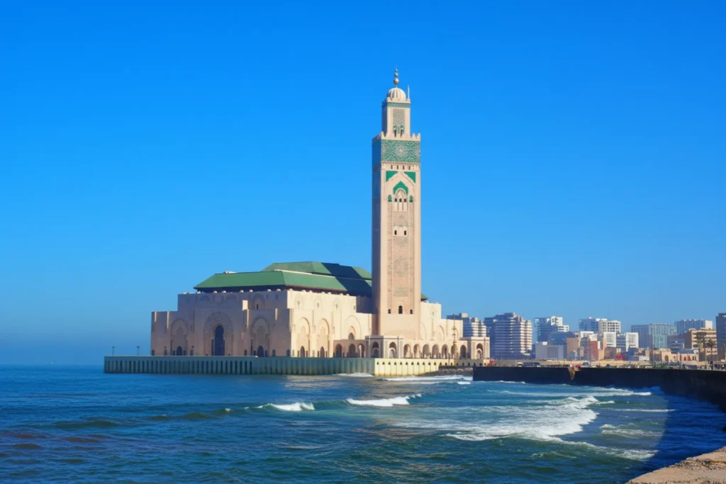 Hassan II Mosque in Casablanca, Morocco, overlooking the Atlantic Ocean with its stunning architecture.