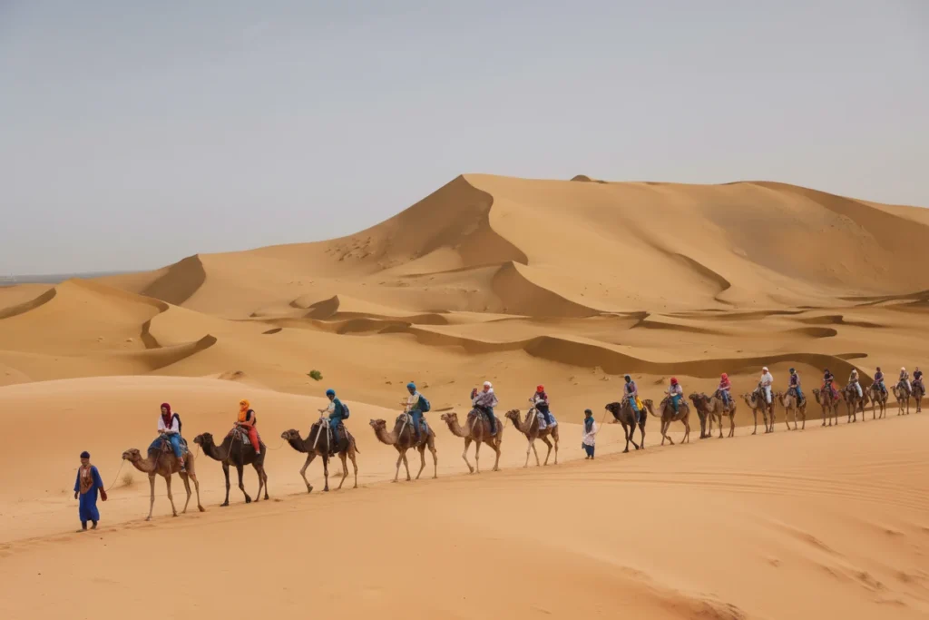 A peaceful journey through the Moroccan desert with golden Sahara dunes under a warm sky.