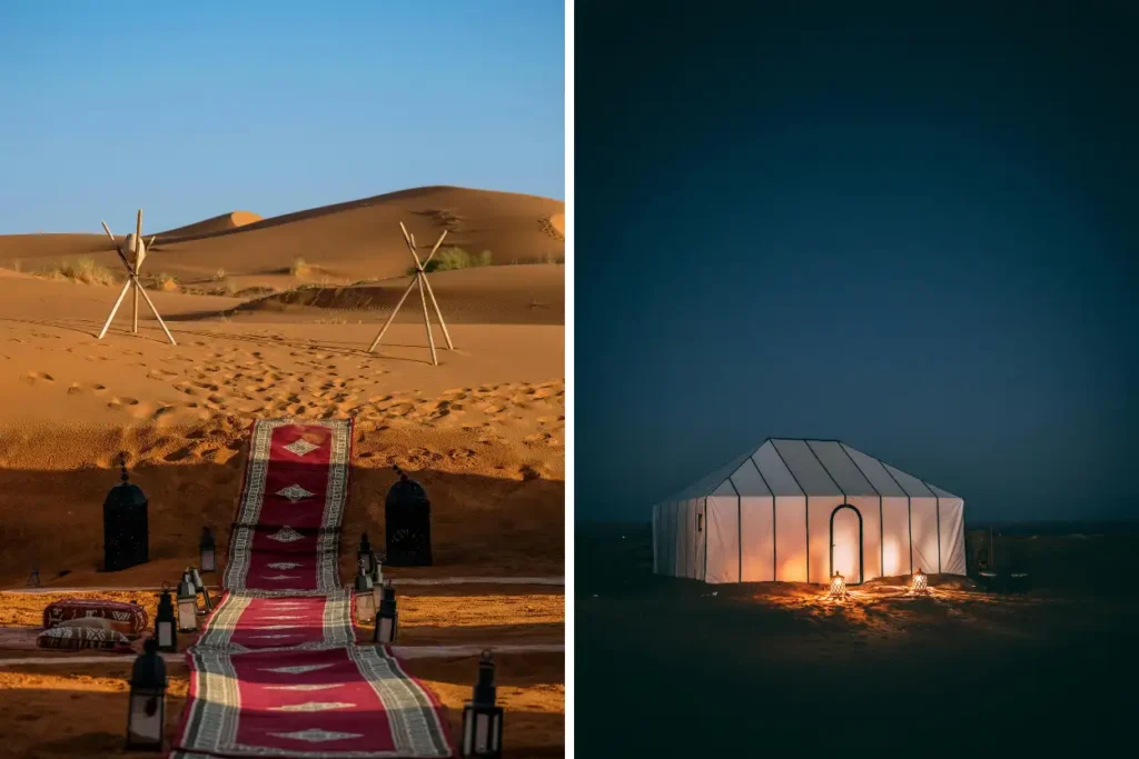 A luxury desert camp in the golden dunes of Marzouga, Morocco, by day and glowing under the night sky.