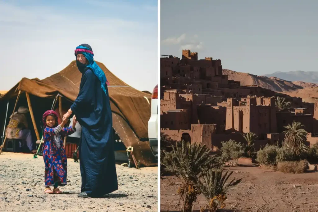 Two people in traditional Moroccan clothing stand outside a desert tent, with a historic kasbah and palm trees in the background.