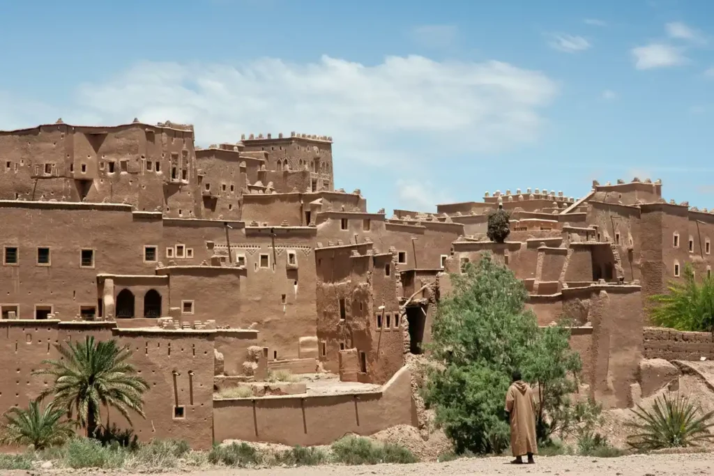 Scenic view of Ouarzazate, Morocco, with traditional kasbahs and desert landscape