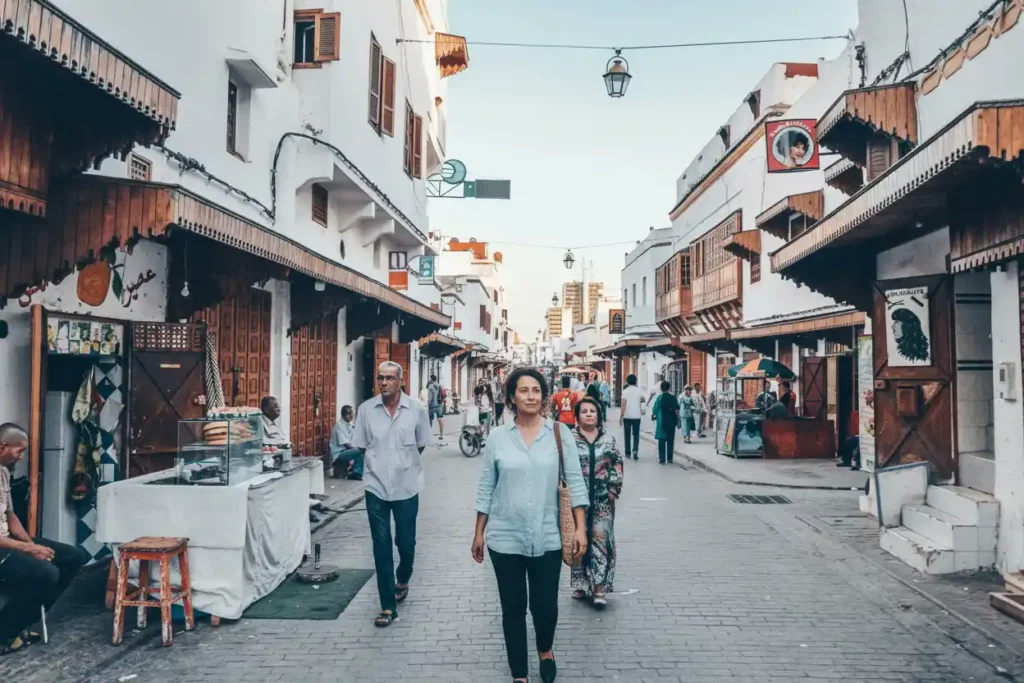 Narrow alley in Rabat, Morocco, lined with stalls selling local products
