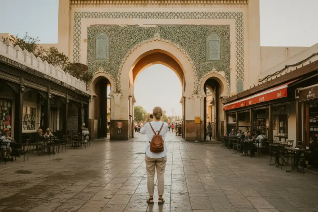The ornate green-tiled Bab Boujloud gate and surrounding cafe-lined square in the medina of Fes, Morocco.

