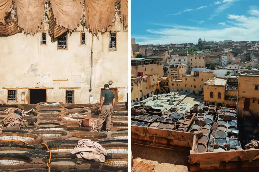 Traditional leather tanning vats and colorful hides at the Chouara Tannery in Fes, Morocco.

