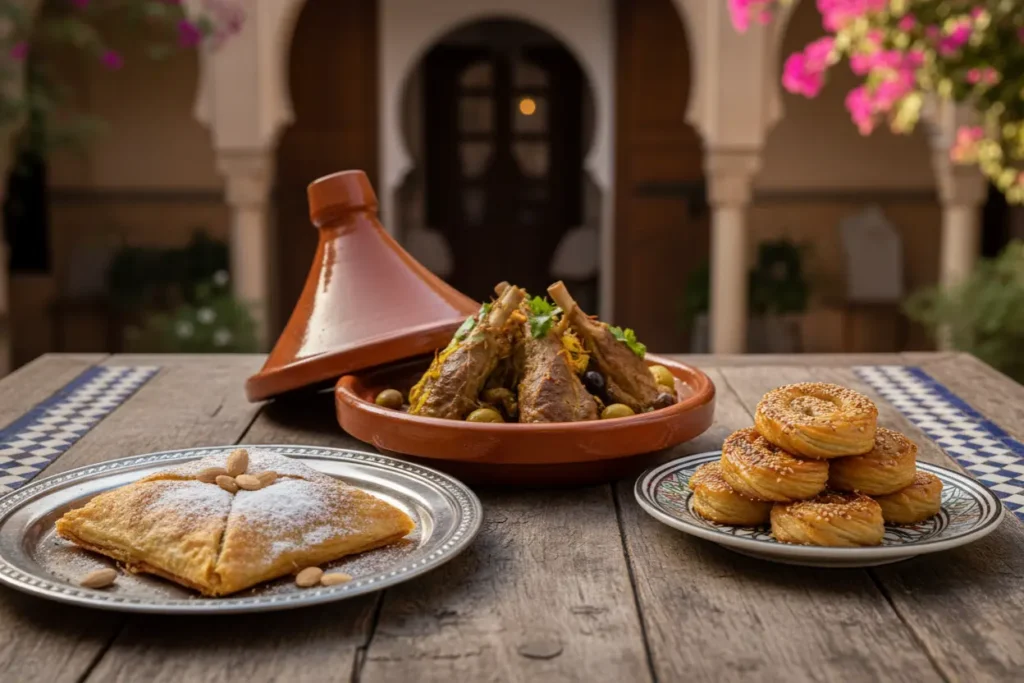 Traditional Moroccan dishes served on a wooden table in a sunlit riad courtyard with archways.

