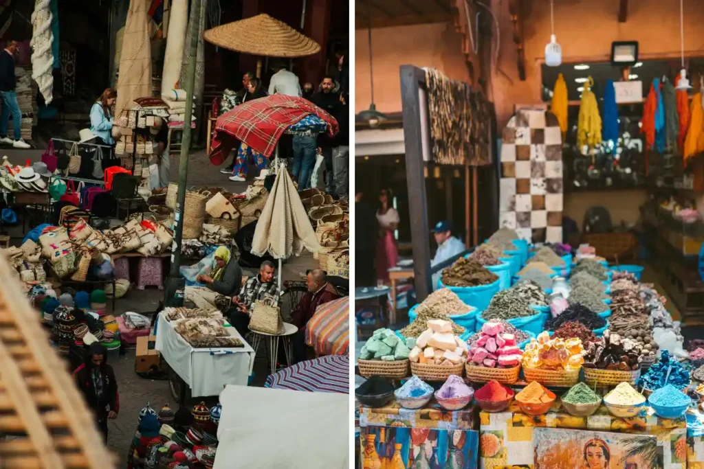 Traditional Moroccan marketplace featuring woven baskets, hanging rugs, and colorful spices displayed in bowls.