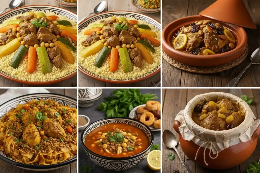 Traditional Moroccan dishes served on wooden tables in rustic ceramic bowls and tagines.