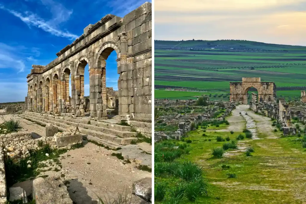 Ancient stone arches and the Arch of Caracalla at the Volubilis archaeological site in Morocco.

